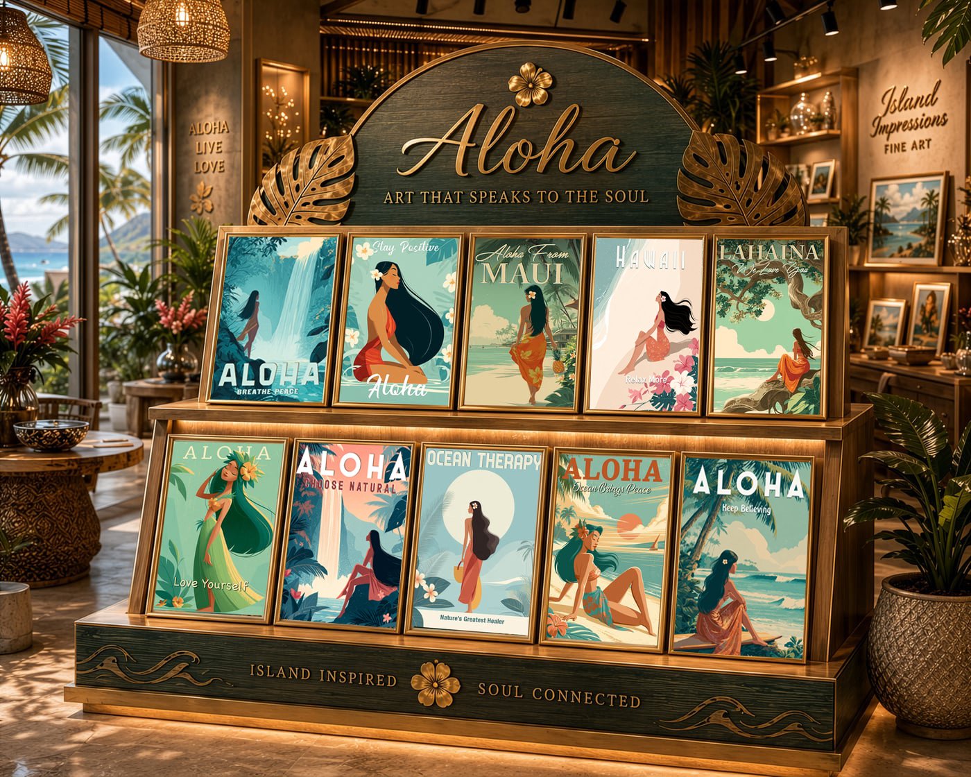 Wailea Art prints displayed in a Hawaii gift shop