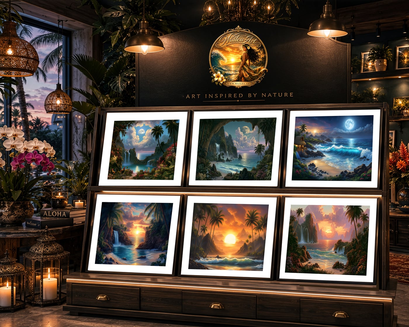 Wailea Art prints displayed in an elegant gallery setting