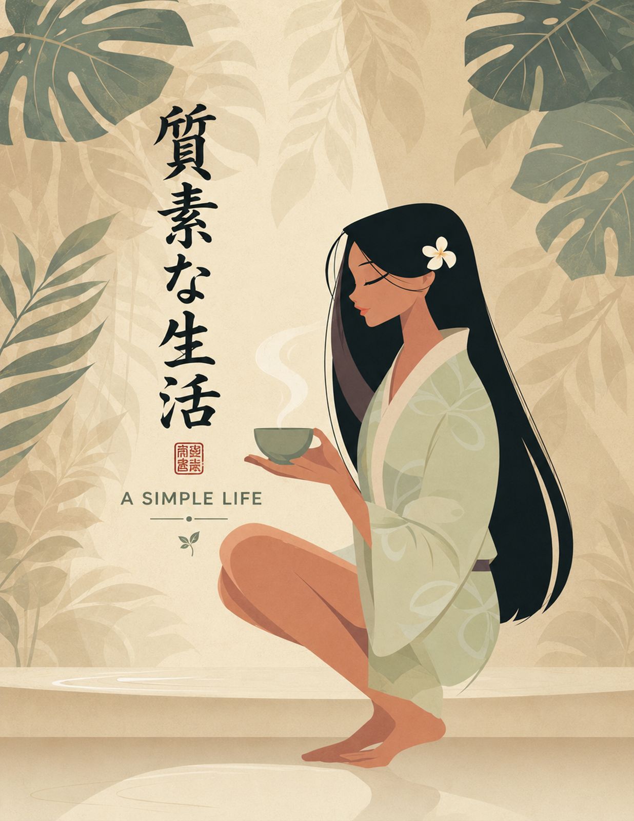 TROPICAL SIMPLE LIVING | Japanese-inspired tea art surrounded by tropical leaves and island serenity - Original Hawaii Art Print by Wailea Art