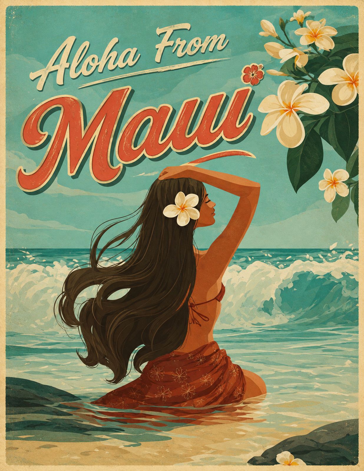 ALOHA FROM MAUI | vintage hawaiian beach art celebrating the beauty of maui - Original Hawaii Art Print by Wailea Art