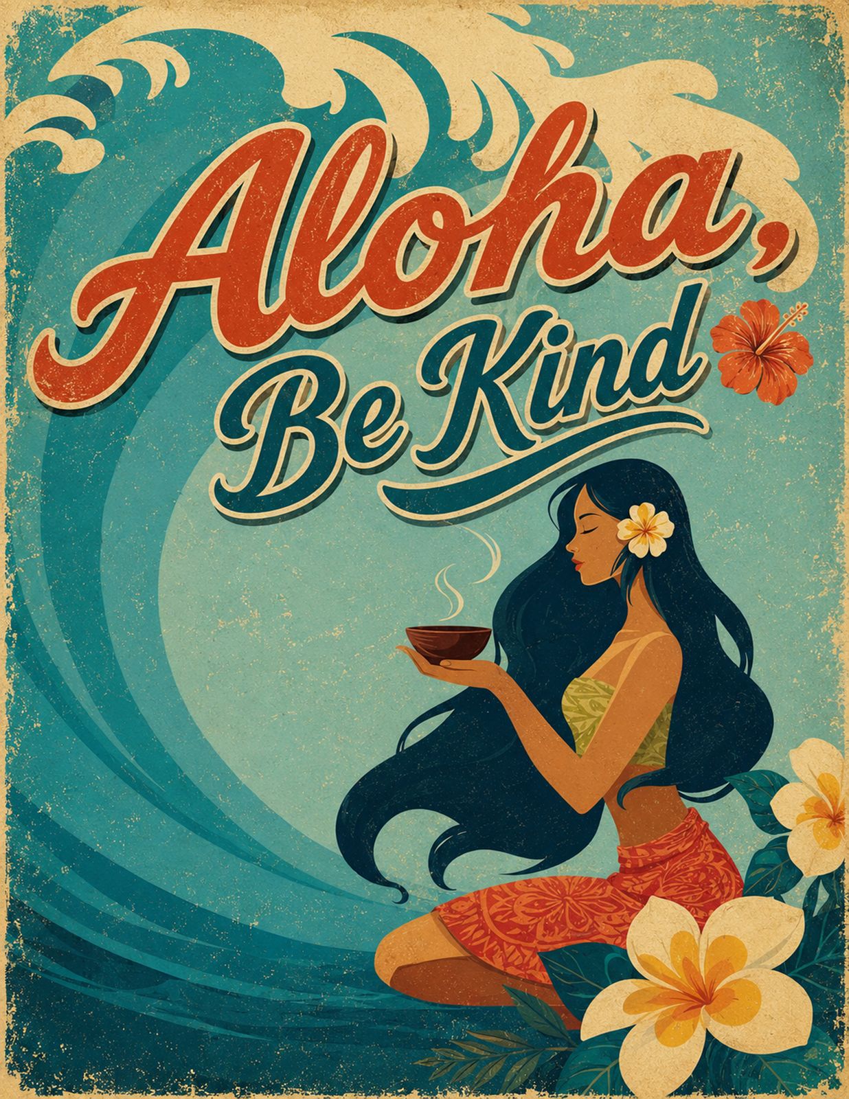 ALOHA BE KIND  |   Hawaiian kindness art with tropical waves, island spirit & vintage aloha style - Original Hawaii Art Print by Wailea Art