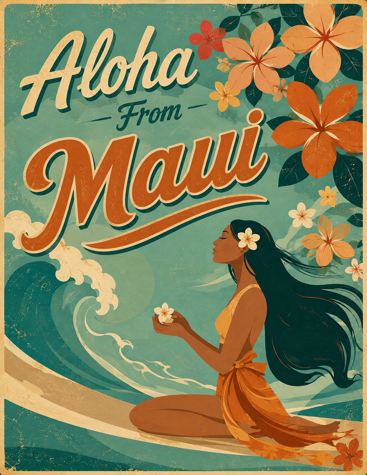 ALOHA FROM MAUI | vintage maui hawaii art with tropical flowers, ocean waves & island aloha spirit - Original Hawaii Art Print by Wailea Art