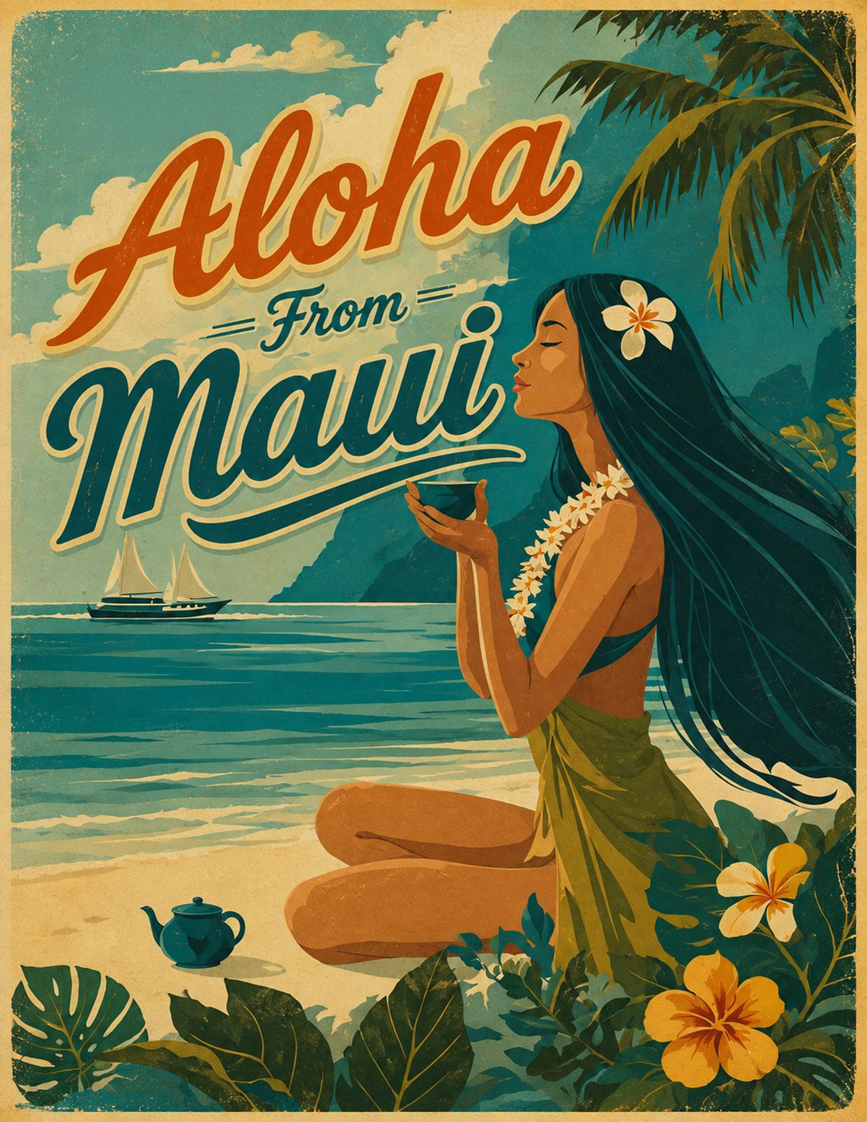 MAUI OCEAN ALOHA | vintage Hawaiian art celebrating maui beaches, tropical flowers, ocean waves & island beauty - Original Hawaii Art Print by Wailea Art