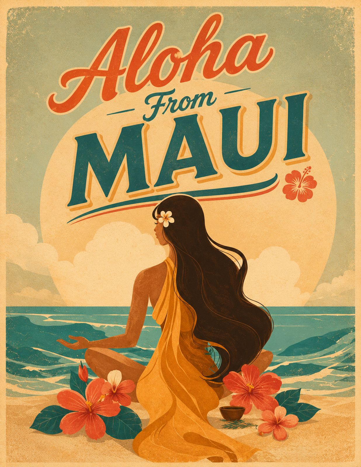MAUI ISLAND BREEZE. |. vintage Hawaiian island art celebrating tropical beaches, hibiscus flowers and the peaceful spirit of aloha - Original Hawaii Art Print by Wailea Art