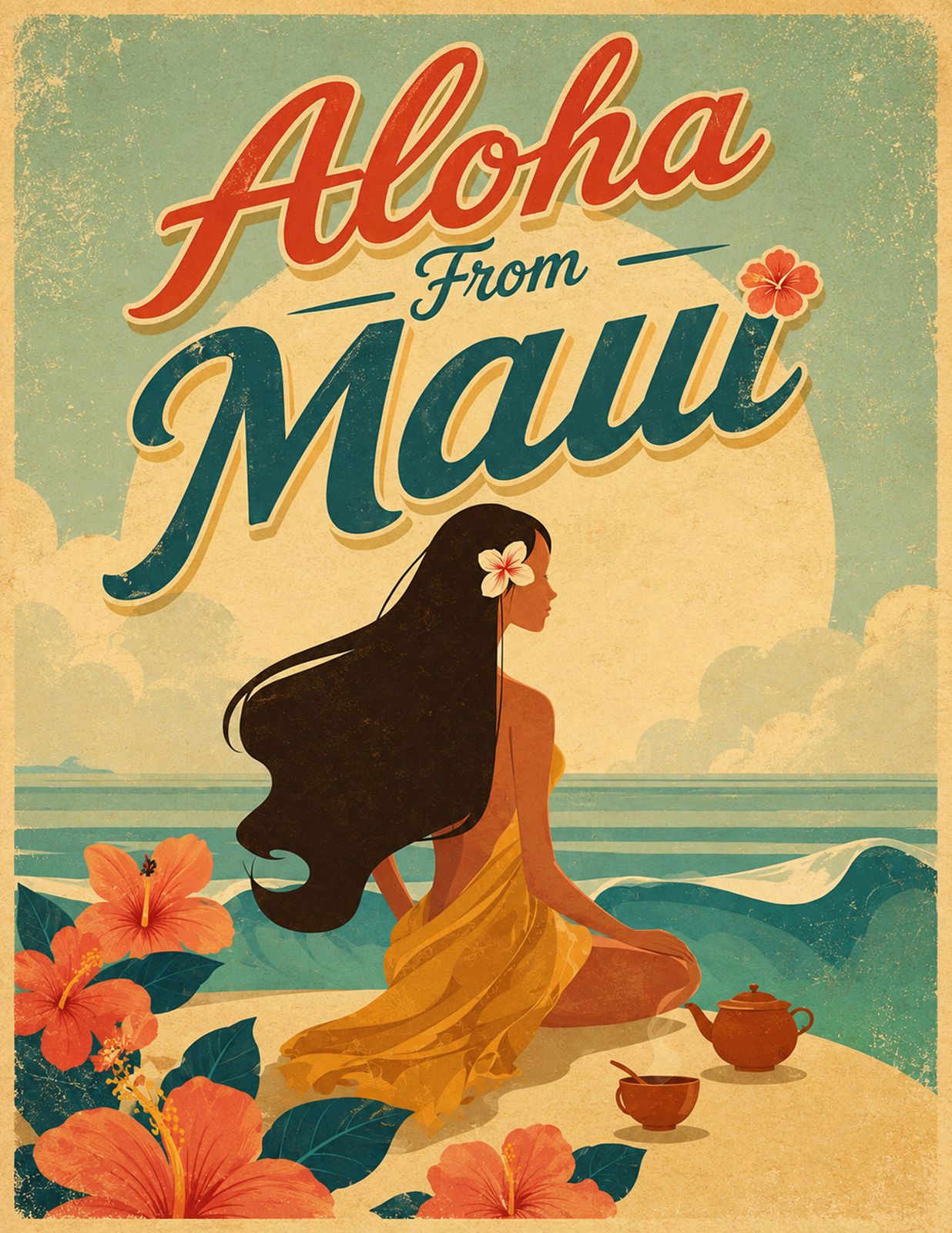 MAUI GOLDEN HORIZON  |  a vintage hawaiian beach scene beneath the island sun - Original Hawaii Art Print by Wailea Art